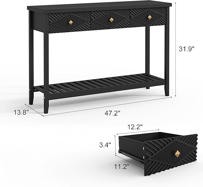 47" Console Table with 3 Drawers, Fluted Narrow Long Entryway Table with Storage Shelf, Accent Table for Entryway, Living Room, Behind Couch, Foyer, Hallway, Office