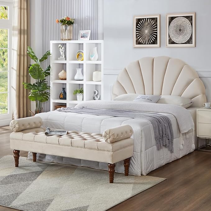 24KF Stunning Crown Design Queen Headboard, Upholstered Soft Velvet Petal Pattern Headboard Queen/Full-Beige