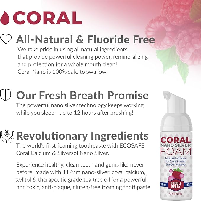 Coral Nano Silver Kids Fluoride Free Foaming Bubble Berry Coral Calcium Toothpaste, Natural Formula, SLS and Glycerin Free - 4 Ounce