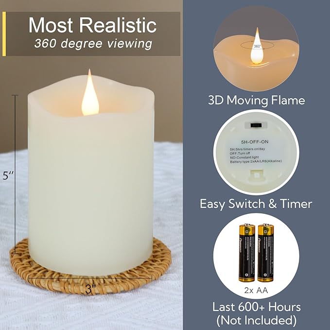 Flameless Candles Battery Operated with Timer, 3D Moving Flame Flickering, Last 600+ Hours Battery Candles, 3" x 5" Ivory Real Wax Electric LED Candle for Wedding Party Decorations