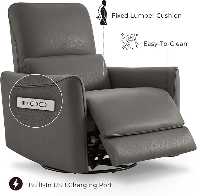 CHITA Power Recliner Chair Swivel Glider, FSC Certified Upholstered Faux Leather Living Room Nursery Reclining Sofa Chair with Lumbar Support, Charcoal