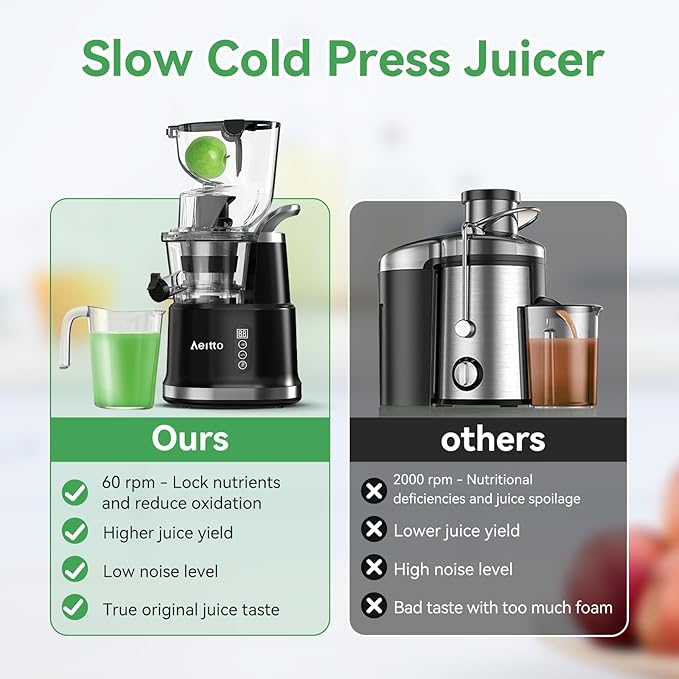 Aeitto Cold Press Juicer with Large Feed Chute, Large Capacity, Juicer Machines for Fruits and Vegetables, Slow Masticating Juicer Self Feeding, Easy to Clean, High Juice Yield