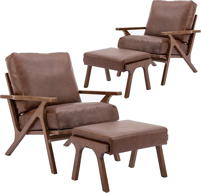 chairus 2 Sets Mid-Century Modern Accent Chairs with Ottoman, Faux Leather Armchair with Wood Legs Comfy Upholstered Single Sofa Chair for Living Room/Bedroom/Lounge, Brown