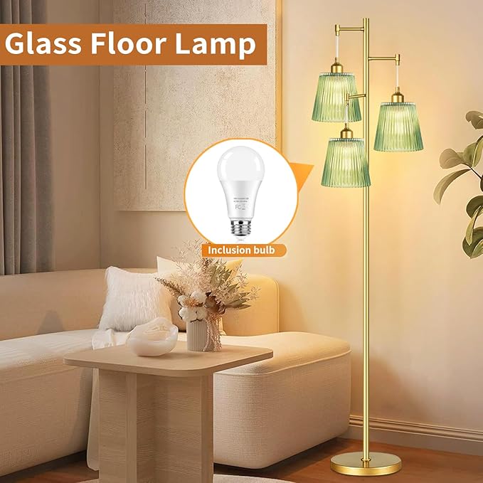 Gold Floor Lamp for Living Room,Bedroom,Mid Century Modern Standing Lamp Brass Tree 3 Light Tall Floor Lamps Vintage Retro Floor Lights Glass Green Flower Lamp Shade Farmhouse Boho Bohemian