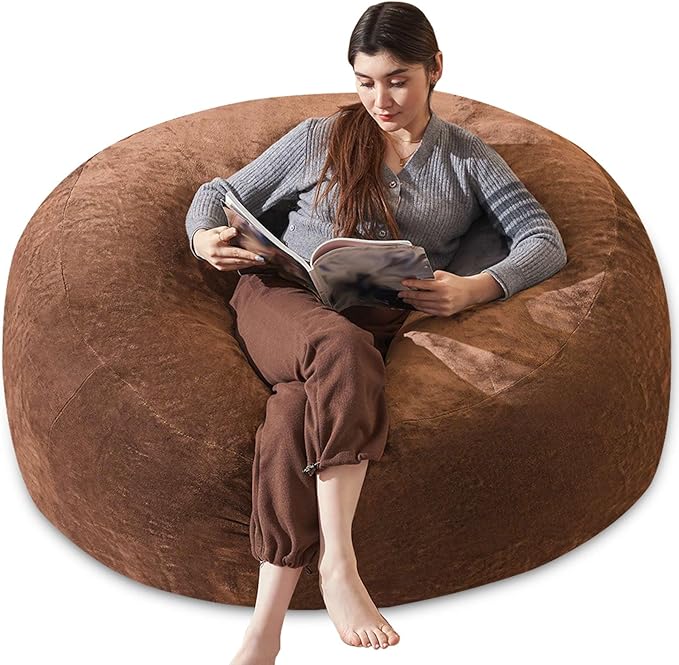 Bean Bag Chair 5Ft, Memory Foam Filled, Large Beanbag Chairs for Adults and Teens, Soft Sofa with Removable Flannel Cover, Round Couch for Living Room Bedroom College Dorm (Coffee, 5FT-60×60"×24")
