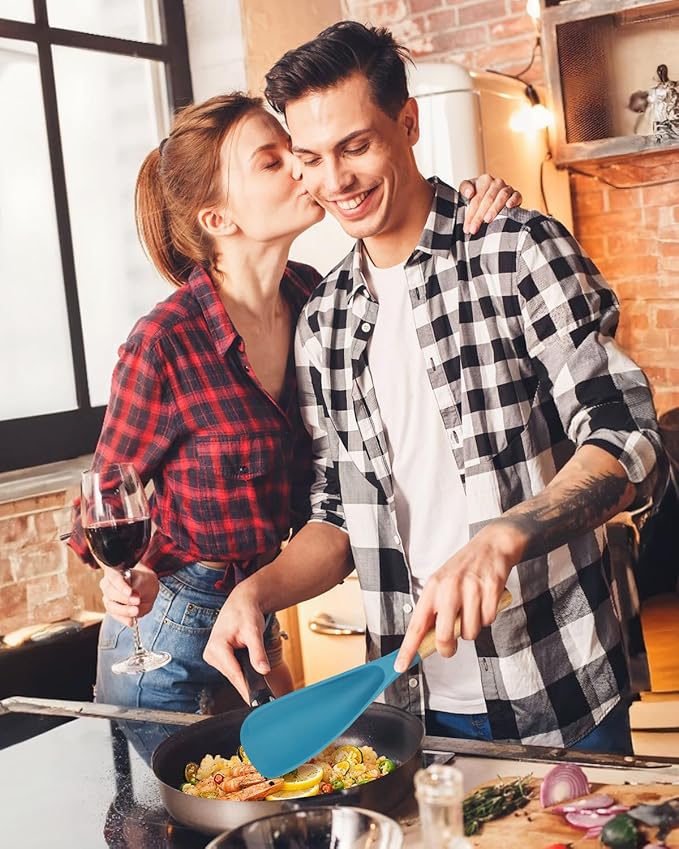 Cooking Spoon and Scraper for Nonstick Cookwares, Great for Cooking and Serving Durable BPA-Free Matte Silicone, Wood Handle Multifunction Spoon for Mixing, Scoop, and Scrape (BLUE)