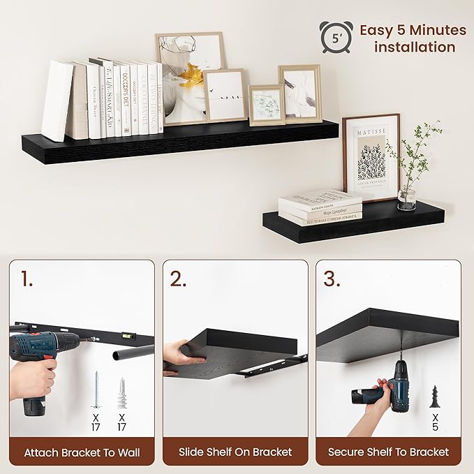 Black Floating Shelves for Wall 24 Inches Long, 12" Deep Wall Shelves 2" Thick, Heavy Duty Shelf for Bedroom, Bathroom, Living Room, Kitchen, Office, Home Decor, Modern Shelf Set of 2, 24" X 12" X 2"