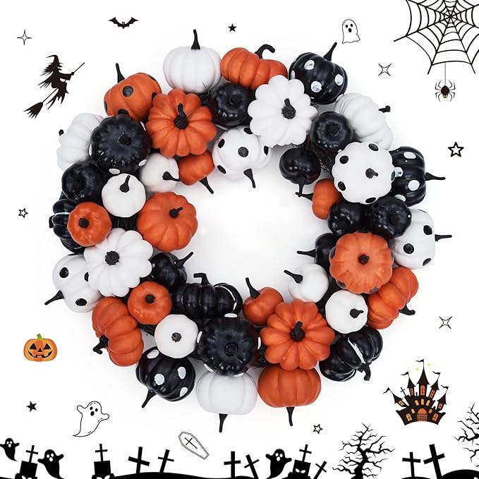 GarveeHome Halloween Pumpkin Wreath for Front Door, 18 Inch Fall Farmhouse Wreath with Orange, Black and White Pumpkins, Rattan Bottom Halloween Indoor Outdoor Home Party Decor