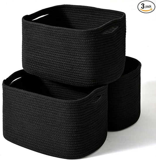 Black Storage Baskets for Organizing Shelves, Toy Basket for Nursery, Woven Cotton Rope Basket for Decor, Towel Baskets for Bathroom, 15"x11"x9.5", 3 Packs, Black