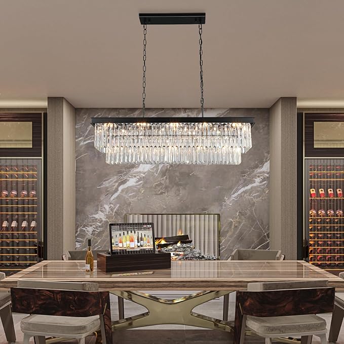 Crystal Chandeliers for Dining Room Light Fixtures Over Table，15-Lights Black Modern Rectangle Chandeliers for Kitchen Island Bar L40 Inch