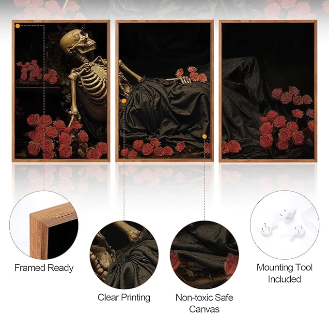 Aurlan Gothic Skeleton Roses Framed Wall Art(16"x24"), 3PCS Romantic Halloween Skull Flowers Canvas Artwork, Dark Moody Goth Mystical Creepy Decor for Home Office Bedroom