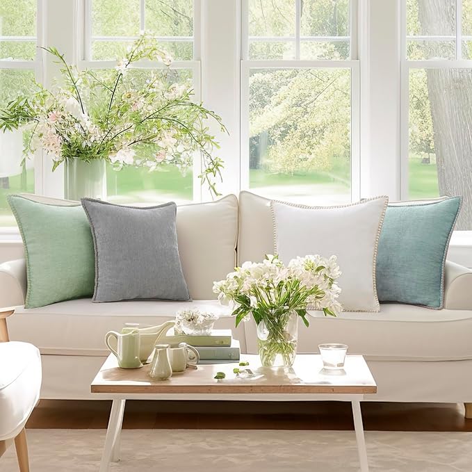 decorUhome Chenille Soft Throw Pillow Covers 22x22 Set of 2, Farmhouse Velvet Neutral Decorative Euro Pillow Covers with Stitched Edge for Couch Sofa Bed Home Decor, Aqua Haze