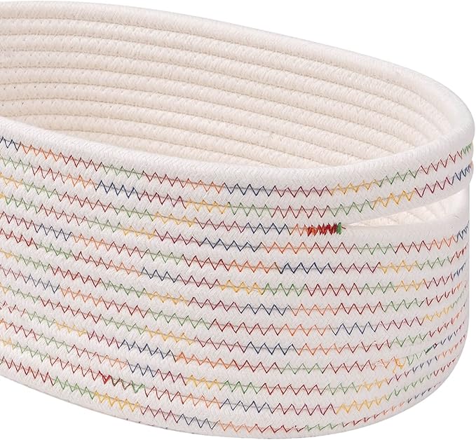 Baskets&Bins for Shelf Storage &Organizing/Cute Basket to Store and Organize Daily Items/Woven Rope Basket for Living Room, Bedroom,Playroom/Small Oval-13x8.66x5.11’’,3 Packs Rainbow