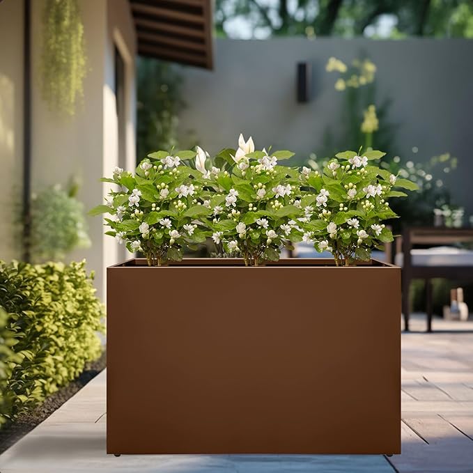 Galvanized Steel Planter Box-No Installation Required Metal Rectangular Block Long Box Planter Modern Outdoor Planters All-Weather Use with Drainage Holes for Patio/Porch, 36×24×12IN（Brown）