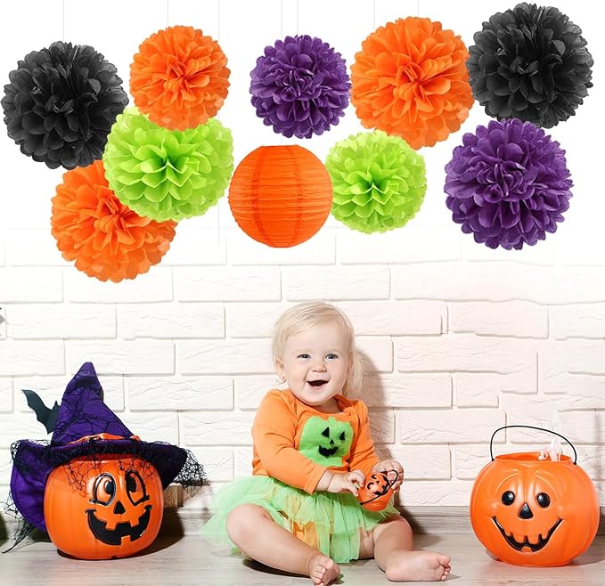 Black-Orange Purple Green Halloween Party-Decorations - 15PCS Paper Flowers Lanterns Tissue Pom Poms Streamers,Vintage Birthday Baby Shower Bachelorette Wedding Bathroom Hanging Supplies Decor Hugfond