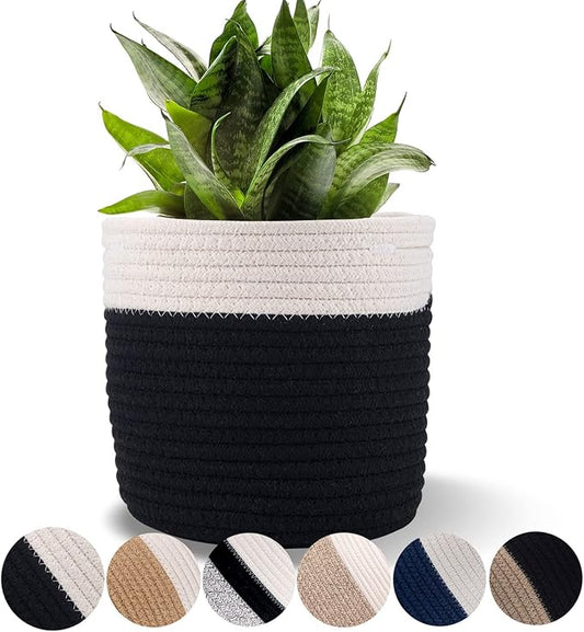 6.5 inch Planter Baskets for Indoor Planters Cotton Rope Flower Plant Pots Cover,Woven Storage Baskets for Crafts,Organization Modern Home Decor H6 3/4" x W6 1/2" Black&White