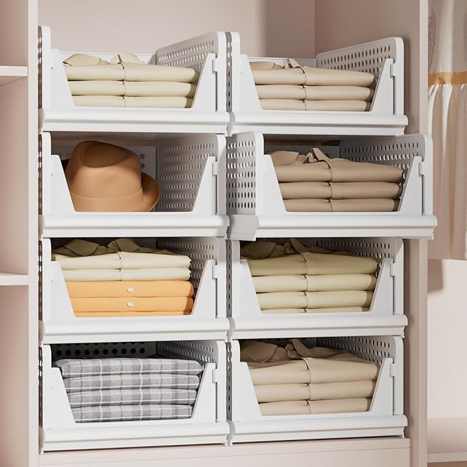 Stackable Plastic Storage Basket Closet Organizer Bin Foldable Clothes Organizer Storage Drawer Shelf Container for Living Room Bathroom Kitchen Office Laundry Room