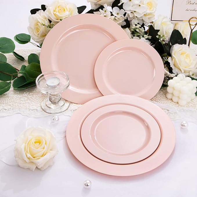 FLOWERCAT 60PCS Pink Plastic Plates - Heavy Duty Pink Plates Disposable for Party/Mother's Day/Wedding - serving 30 guests Include 30PCS 10.25inch & 30PCS 7.5inch
