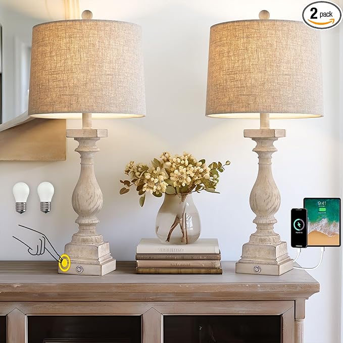 BOBOMOMO 27" Farmhouse 3-Way Dimmable Touch Control Table Lamp Set of 2 with USB A &USB C Charging Ports for Bedroom Living Room Vintage Rustic Traditional Nightstand Bedside Lamps (2 Bulbs Included)