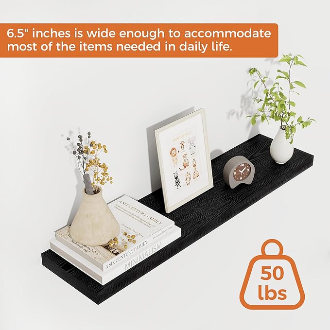 Fun Memories Floating Shelves for Wall, 27.5" Rustic Wood Deep Wall Mounted Shelves with Invisible Brackets for Decor & Storage, Floating Shelf for Living Room, Bathroom (Black, Set of 2)