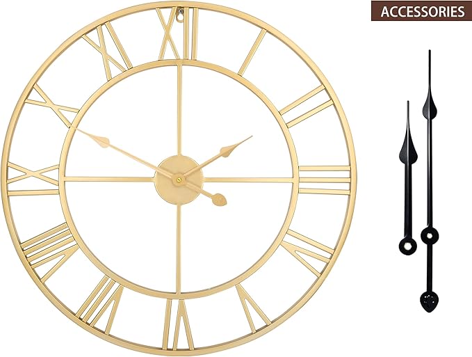 LEIKE Large Modern Wall Clocks,18" Gold Metal,Rustic,Round,Silent Non Ticking,Battery Operated Roman Numerals Clock for Living Room/Bedroom/Kitchen Wall Decor-(Gold, 47cm)