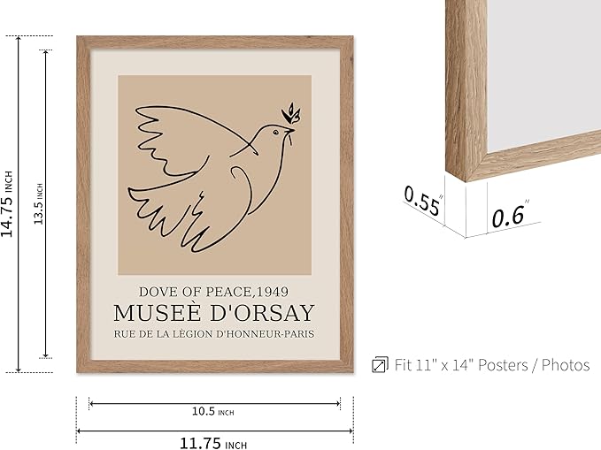 Poster Master Vintage Poster - Retro Minimalist Print - Gift for Artist, Friend - Dove Of Peace, Line Drawing, Sketch, Abstract - Wall Decor for Living Room, Bedroom, 11x14 Beige Framed