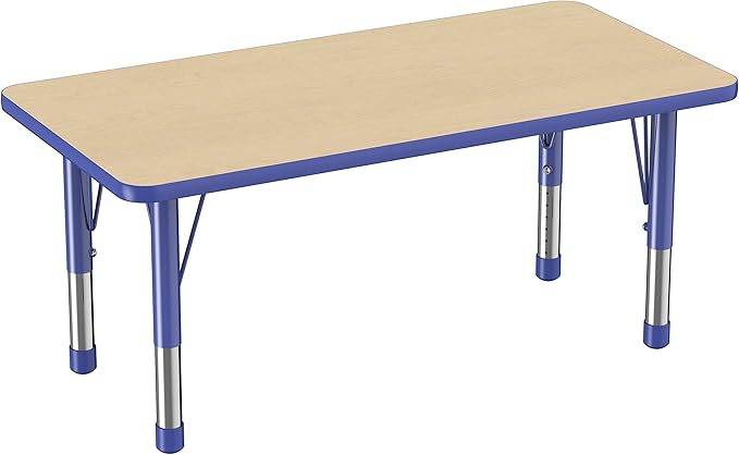 FDP Rectangle Activity School and Kids Classroom Table (24 x 48 inch), Toddler Legs, Adjustable Height 15-24 inches - Maple Top and Blue Edge