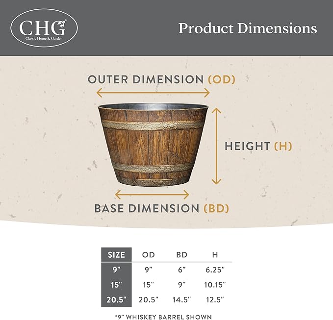 Classic Home & Garden Whiskey Barrel Planters - Wood Finish Flower Planter Pot - Decorative Garden Pots - Indoor & Outdoor Resin Planters - Weather-Resistant Planting Pots (9" Walnut Brown, Pack of 1)