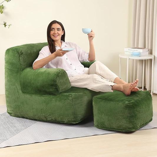 Comfy Gaint Bean Bag Chair with Ottoman, Huge Bean Bag Armchair for Adults and Teens, Green