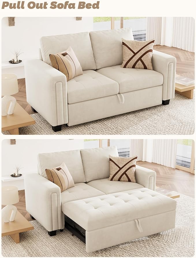 Belffin Modular Sectional Sleeper Sofa with Pull Out Couch Bed Modular Sleeper Loveseat Sectional Sofa Velvet Fabric for Living Room Apartment Beige