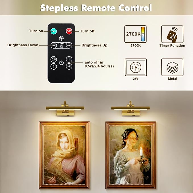 Wireless Picture Lights for Wall Rechargeable Brass Gallery Lights Battery Operated Art Lamps with Remote and Timer Dimmable Painting Lights for Artwork Portrait Display 12 Inch 2W 2700K