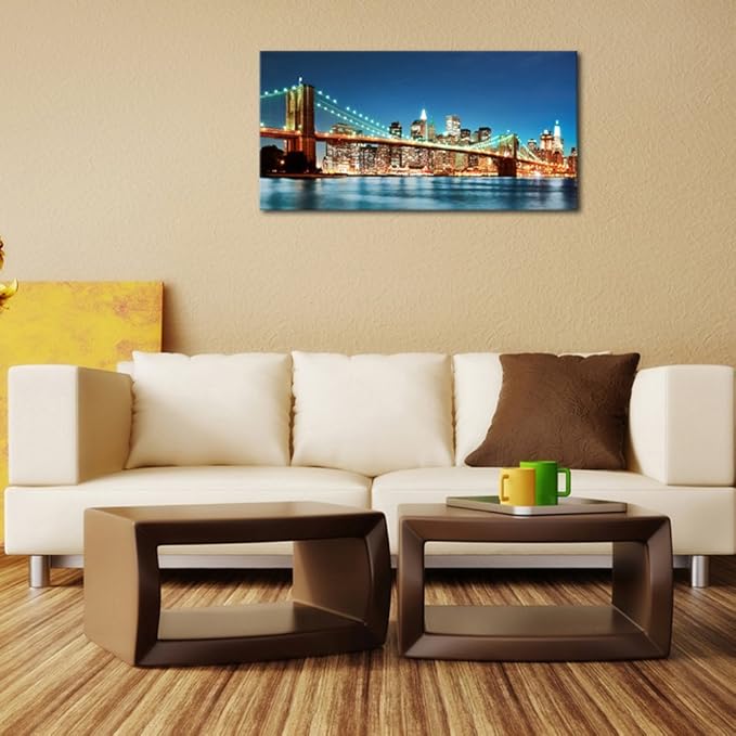 Pyradecor Large Modern New York Cityscape Canvas Wall Art Brooklyn Bridge Night View Canvas Prints Stretched Landscape Pictures Paintings Artwork for Living Room Home Decorations L