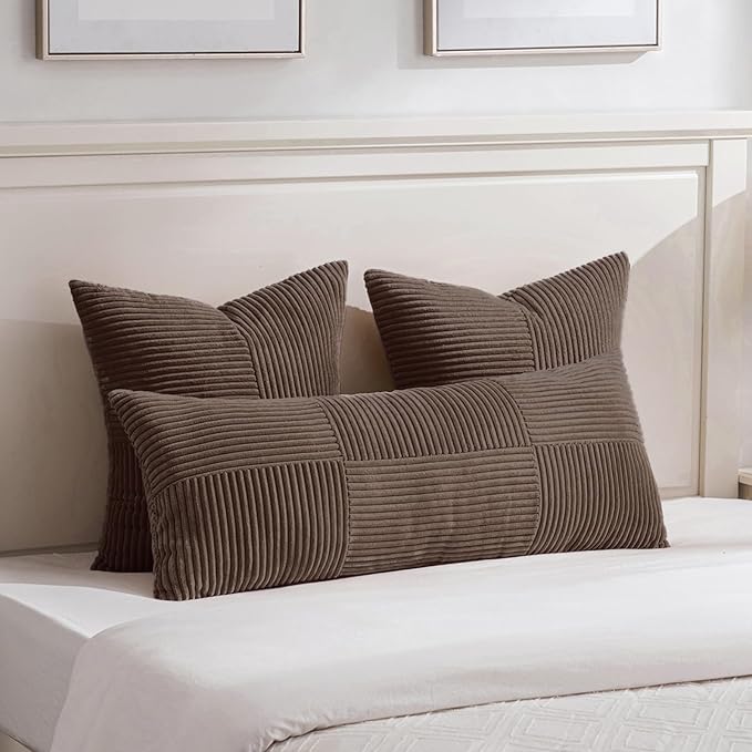 Fancy Homi 2 Packs Dark Brown Euro Decorative Throw Pillow Covers 26x26 Inch for Couch Bed, Rustic Farmhouse Boho Home Decor, Soft Corss Corduroy Patchwork Textured Square Cushion Case 66x66 cm