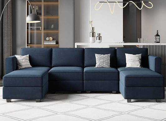 Belffin Modular Sectional Sofa U Shaped Velvet Couch with Reversible Chaise Oversized Couch with Ottoman Blue…