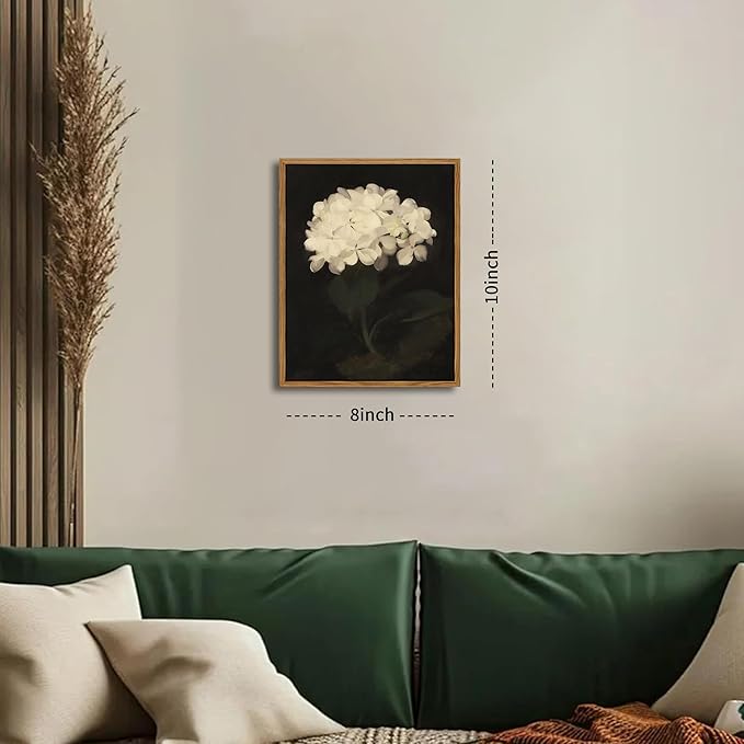 Framed Wall Art for Living Room – Vintage White Hydrangea Oil Painting Canvas Prints, Aesthetic Bedroom Wall Art, Kitchen Decor for Shelves, Bathroom Office Artwork Wall Decor – 8x10in