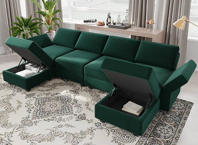Belffin Modular Sectional Sofa Oversized U Shaped Sectional Couch with Reversible Chaise Velvet Modular U Shape Sofa with Storage Seat Green