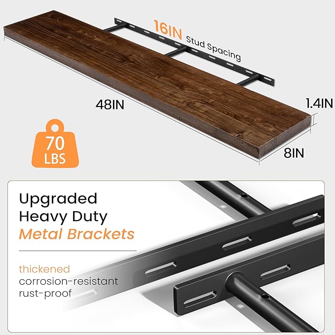 Fun Memories Wood Floating Shelves for Wall, 48 Inch Floating Shelves Wall Mounted, Rustic Elm Wood Shelf for Home Decor, Heavy-Duty Storage Shelves for Living Room, Bathroom, Kitchen, Walnut Finish