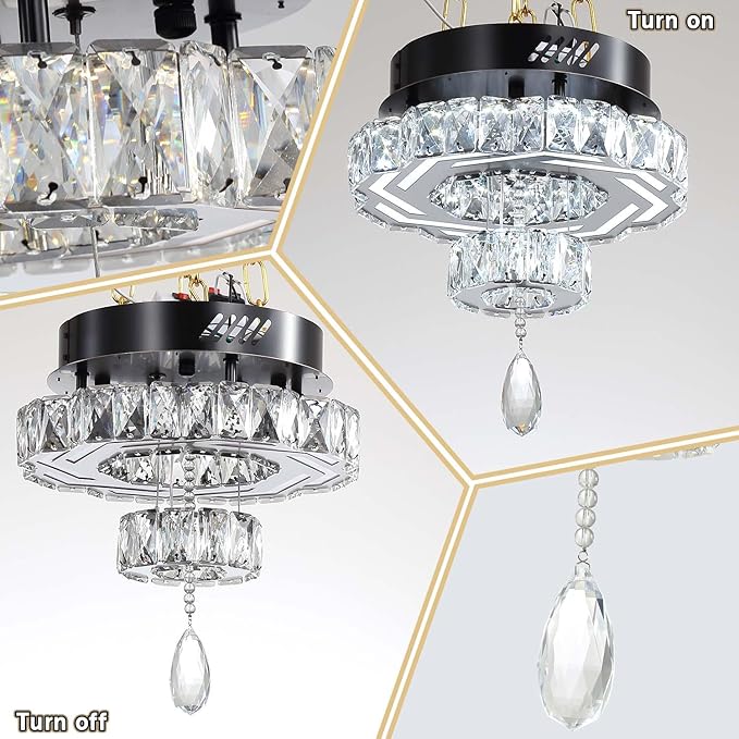 Flashing God Small Crystal Chandeliers Dia 12" Black Chandelier Flush Mount Ceiling Light for Bedroom Living Room Dining Room Hallway Dimmable 3 Rings LED Celing Lighting Fixtures