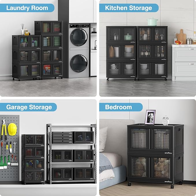 300Qt Stackable Storage Bins with Lids, 75Gal Closet Organizers and Storage Drawer, Plastic Collapsible Storage Bins with Doors, Heavy Duty Store Box Cabinet for Home Kitchen, 3Pack Black