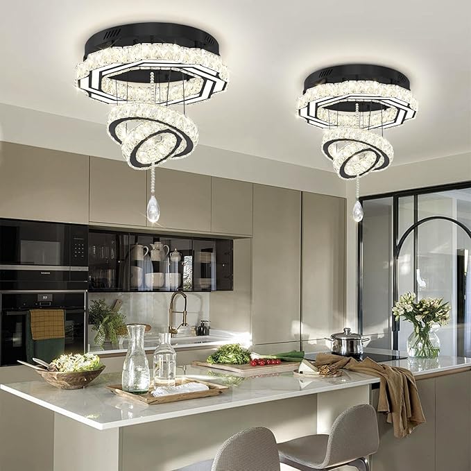 Flashing God Dia 20" Modern Chandeliers for Dining Room Black Flush Mount Ceiling Chandeliers LED Dimmable Pendant Lighting Crystal Ceiling Light Fixture for Living Room Bedroom Hallway 2700K-6000K