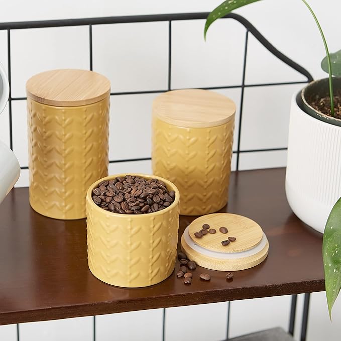 DII Kitchen Accessories Collection, Textured Matte Ceramic Canister Set, Honey Gold, Vine, 3 Piece