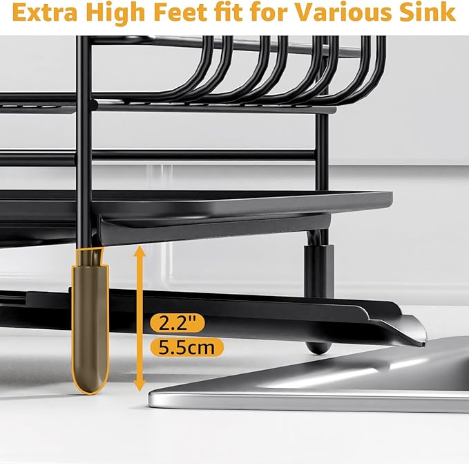 Dish Drying Rack for Kitchen Counter, Expandable Large Capacity Dish Rack with Drainboard, Wine Glasses Holder, Space Saving Organizer, Black