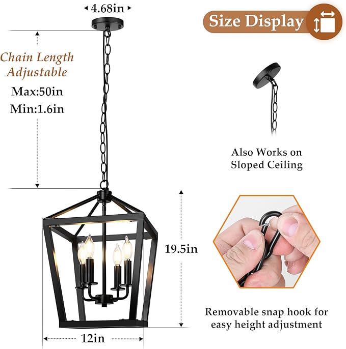 BrightHome Farmhouse Chandelier 4-Light, Black Pendant Light Fixture Ceiling Hanging for Kitchen Island Dining Room, Lantern Industrial Lighting with Metal Cage Adjustable Height for Entryway Foyer