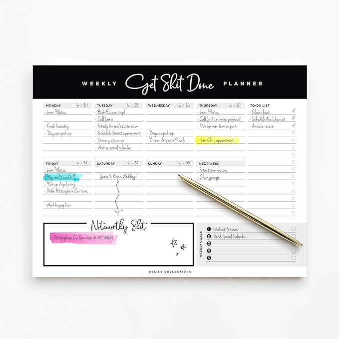 Bliss Collections Weekly Planning Pad, To Do List Notebook - Undated Tear-Off Sheets Notepad - Work Calendar, Organizer, Scheduler for Goals, Tasks - Get Stuff Done, 8.5" x 11", 50 Sheets