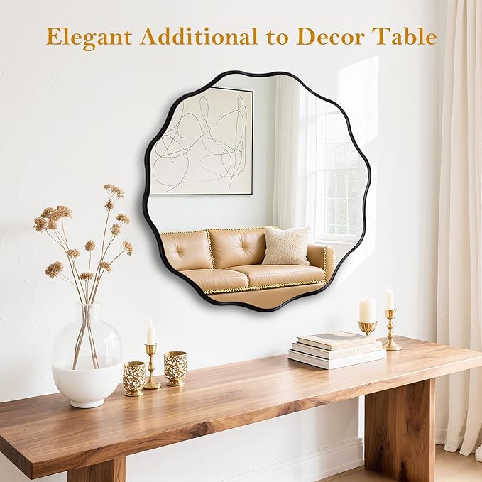 Fabuady Black Round Wavy Edge Mirror - 24'' Circle Wall Mirror with Metal Frame, Decorative Hanging/Leaning Mirror for Bathroom, Bedroom, Living Room, Hallway, Entryway, Office, Home Decor
