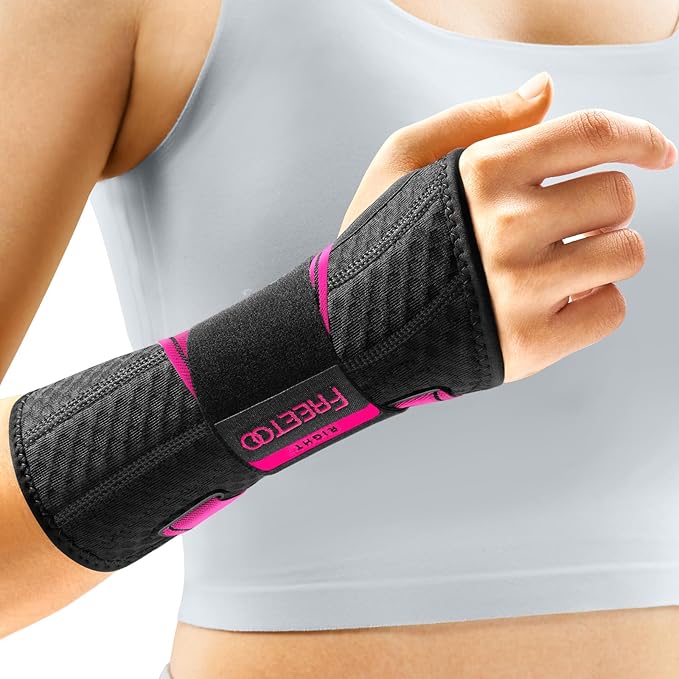 FREETOO Carpal Tunnel Wrist Brace Night Support Fit Right Hand for Work, Pain Relief Wrist Splint for Tendonitis, Arthritis, Fit Women and Men, Wrist Stabilizer Brace for Sleeping (L/XL, Black/Pink)