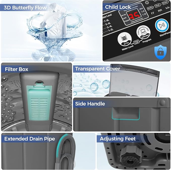 Nictemaw Portable Washing Machine, 20Lbs Capacity Full-Automatic Portable Washer Machine, 2.8Cu.ft Compact Laundry Machine with Drain Pump, 10 Programs & 8 Water Levels for Apartment Dorm RV