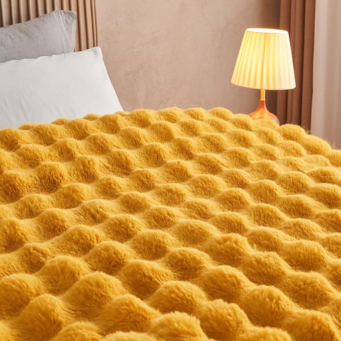 Lotus Karen Faux Fur Throw Blanket Ginger Yellow - Big Bubble Rabbit Fluff Blanket for Couch Bed Sofa,Softest Fluffy Fuzzy Cozy Blanket,Thick Furry Plush Shaggy Warm Blankets for Women,60x80 Inches