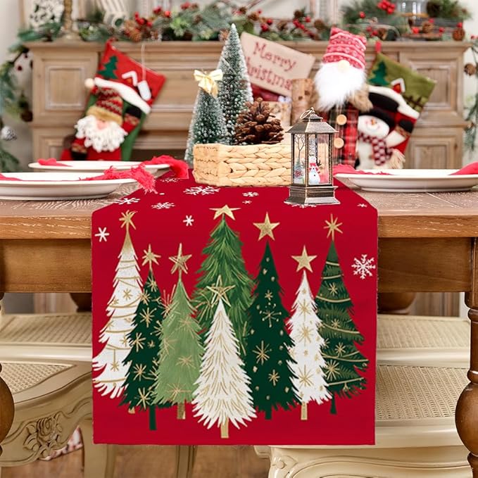 GEEORY Christmas Table Runner 13x72 Inch, Xmas Trees Snowflakes Winter Holiday Decorative Farmhouse Table Decorations for Kitchen Dinning, Indoor Outdoor Dinner Party Decor (Red) GT150-72