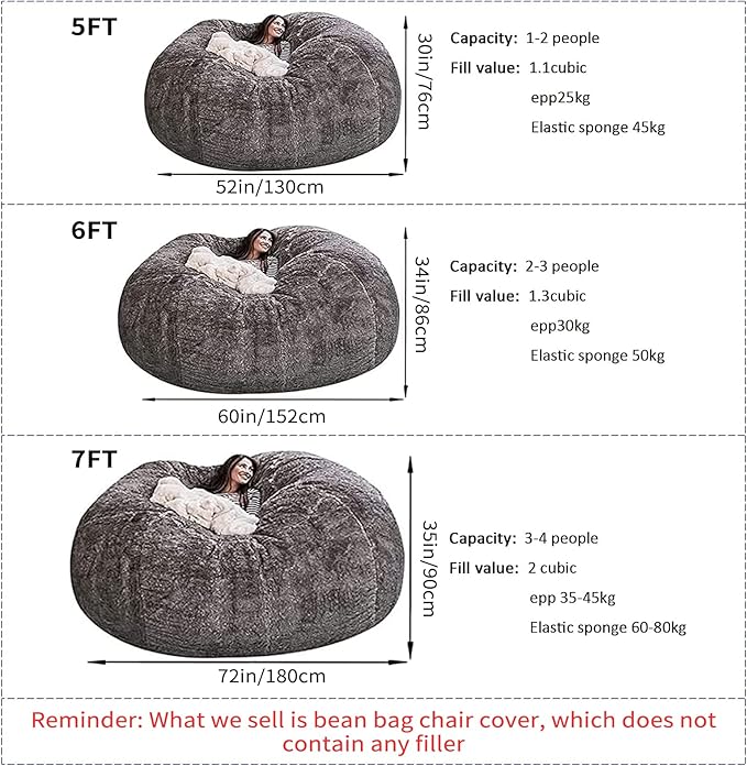Big Huge Giant Bean Bag Chair for Adults, (No Filler) Bean Bag Chairs in Multiple Sizes and Colors Giant Foam-Filling Required- Machine Washable Covers, Double Stitched Seams (Jewel Blue,7FT)